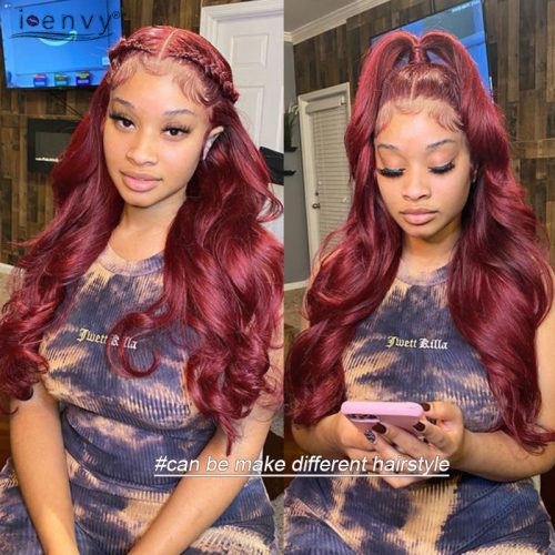 99J Body Wave Lace Frontal Wig Pre Pluck Peruvian Burgundy Lace Front Wig Human Hair Curly