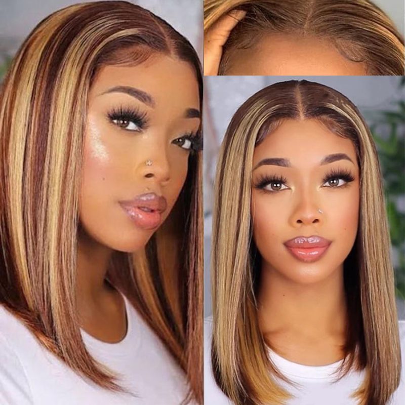 HighlightBrownMixedHoneyBlondeStraightLaceFrontalWigsP427PianoColorBobWig134TransparentLacePrePluckedNaturalHairline AmandaHair