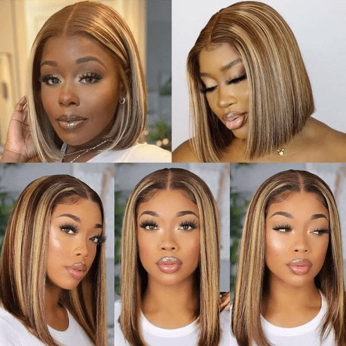 HighlightBrownMixedHoneyBlondeStraightLaceFrontalWigsP427PianoColorBobWig134TransparentLacePrePluckedNaturalHairline AmandaHair5