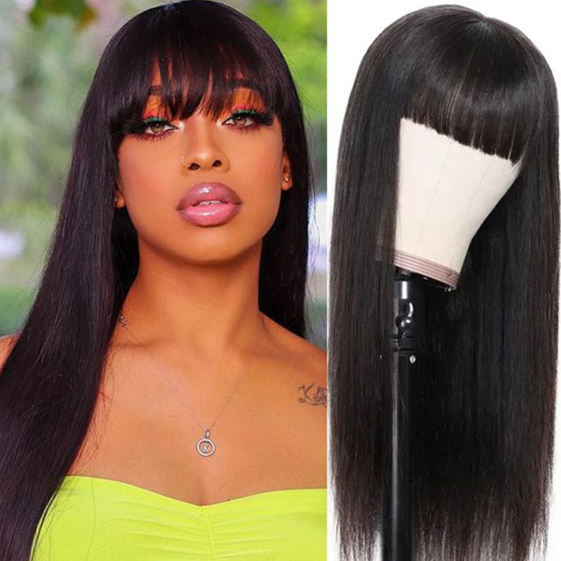 Straight Wig With Bangs Brazilian Remy Hair Pre Plucked Human Hair Wigs With Bangs Amanda Short6