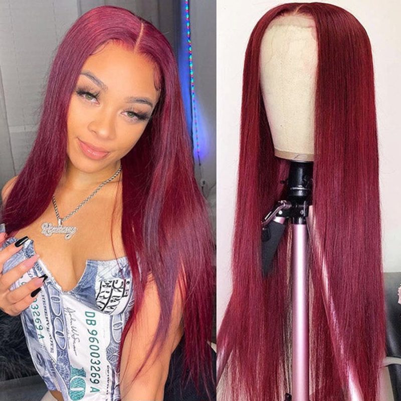 StraightHumanHair99JBurgundyWigTPart1341LaceFrontalColoredWigs AmandaHair 2